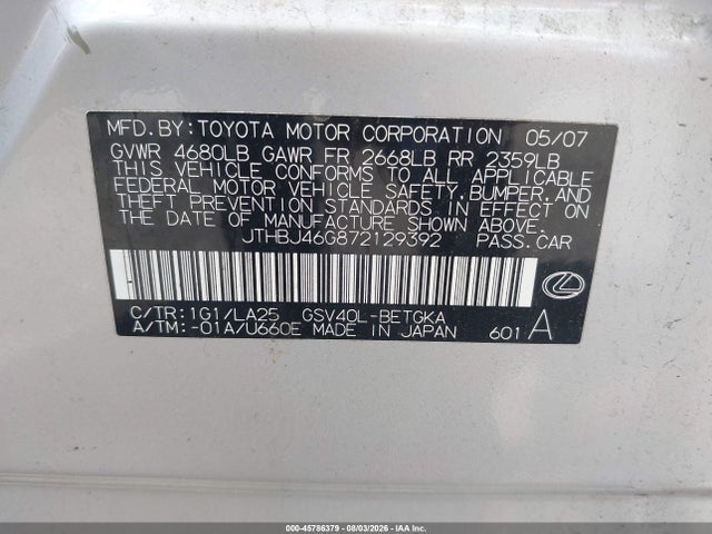 45786379 :رقم المزاد ، JTHBJ46G872129392 vin ، 2007 Lexus Es 350 مزاد بيع