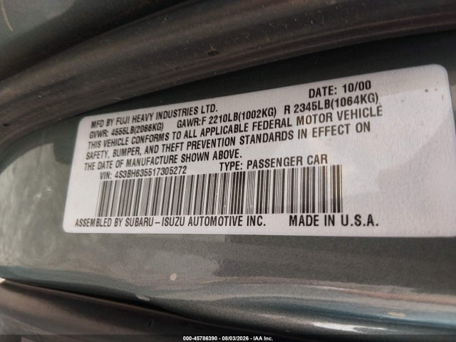 2001 Subaru Legacy L მანქანა იყიდება აუქციონზე, vin: 4S3BH635517305272, აუქციონის ნომერი: 45786390
