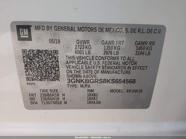 45786397 :رقم المزاد ، 3GNKBGRS8KS654568 vin ، 2019 Chevrolet Blazer مزاد بيع