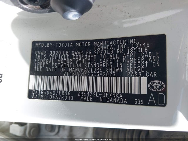 Продажа на аукционе авто 2016 Toyota Corolla Le, vin: 2T1BURHE7GC642023, номер лота: 45786403