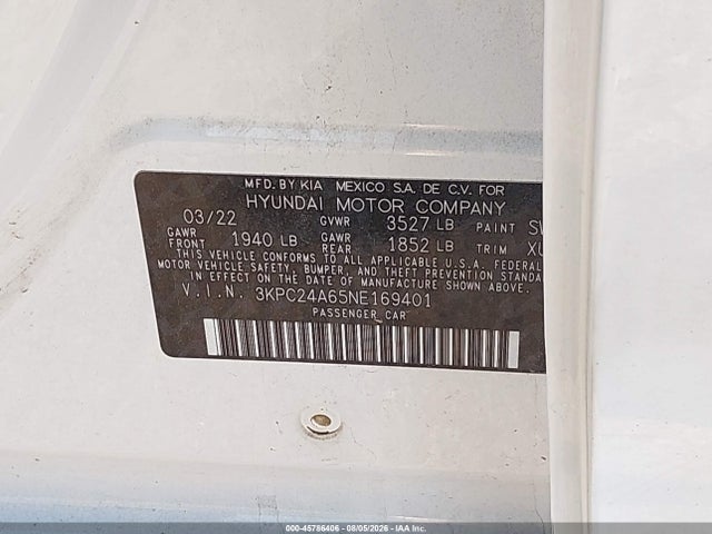 Продажа на аукционе авто 2022 Hyundai Accent Se, vin: 3KPC24A65NE169401, номер лота: 45786406