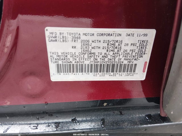45786412 :رقم المزاد ، JT3HP10V2Y0231224 vin ، 2000 Toyota Rav4 مزاد بيع