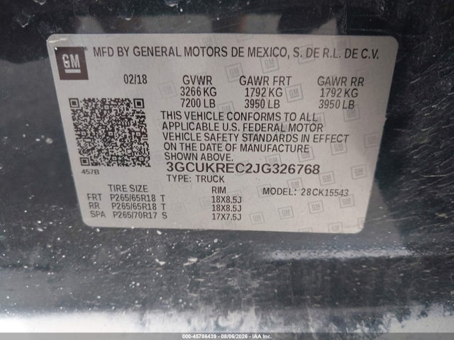 2018 Chevrolet Silverado 1500 1lt მანქანა იყიდება აუქციონზე, vin: 3GCUKREC2JG326768, აუქციონის ნომერი: 45786439