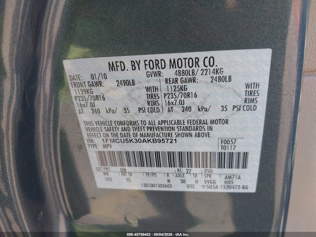 Aukcja sprzedaży 2010 Ford Escape Hybrid, vin: 1FMCU5K30AKB95721, numer aukcji: 45786452