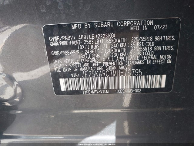 45786454 :رقم المزاد ، JF2SKARC7MH576795 vin ، 2021 Subaru Forester Sport مزاد بيع