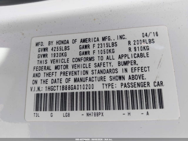 Aukcja sprzedaży 2016 Honda Accord Ex-l, vin: 1HGCT1B88GA010200, numer aukcji: 45786459