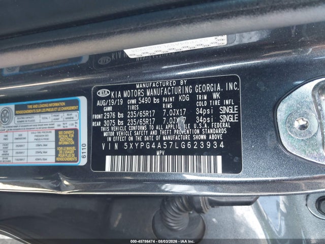 Aukcja sprzedaży 2020 Kia Sorento 3.3l Lx, vin: 5XYPG4A57LG623934, numer aukcji: 45786474