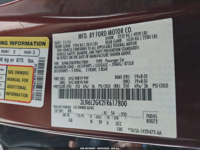 Продаж на аукціоні авто 2015 Lincoln Mkz, vin: 3LN6L2GK2FR617800, номер лоту: 45786482