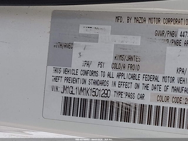 Aukcja sprzedaży 2019 Mazda Mazda6 Touring, vin: JM1GL1VM1K1501290, numer aukcji: 45786492