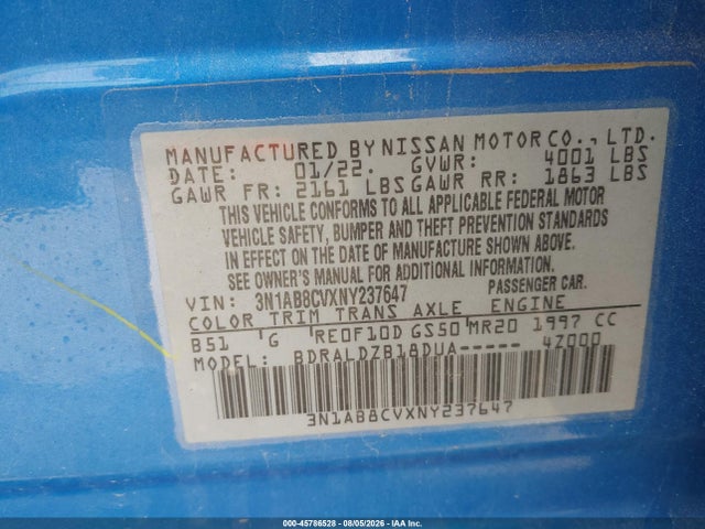 2022 Nissan Sentra Sv Xtronic Cvt მანქანა იყიდება აუქციონზე, vin: 3N1AB8CVXNY237647, აუქციონის ნომერი: 45786528