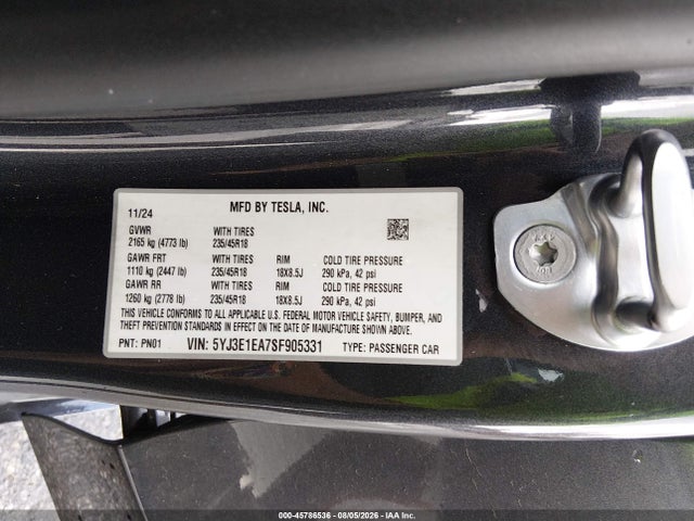 Aukcja sprzedaży 2025 Tesla Model 3 Long Range Rear-wheel Drive/standard Rear-wheel Drive, vin: 5YJ3E1EA7SF905331, numer aukcji: 45786536