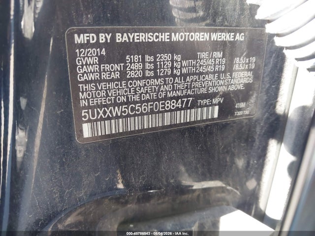 2015 Bmw X4 Xdrive35i მანქანა იყიდება აუქციონზე, vin: 5UXXW5C56F0E88477, აუქციონის ნომერი: 45786543