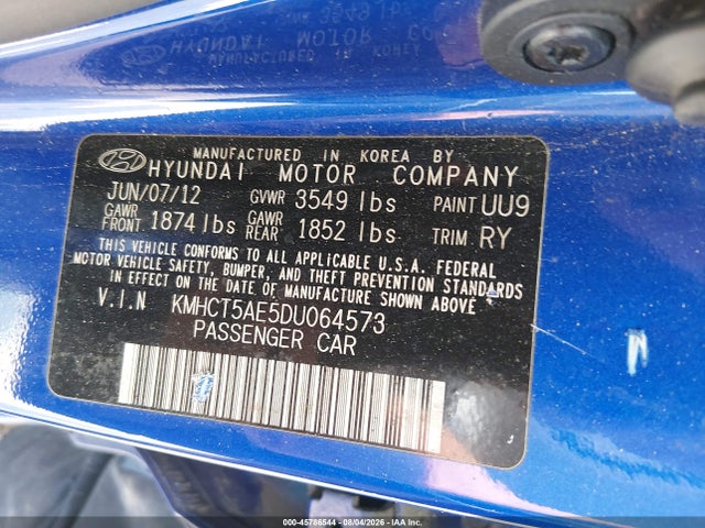 2013 Hyundai Accent Gs მანქანა იყიდება აუქციონზე, vin: KMHCT5AE5DU064573, აუქციონის ნომერი: 45786544