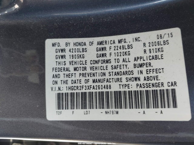 Honda ACCORD LX 2015 1HGCR2F3XFA260488 Image 9
