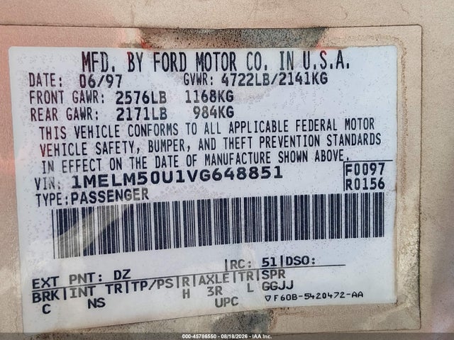 Продаж на аукціоні авто 1997 Mercury Sable Gs, vin: 1MELM50U1VG648851, номер лоту: 45786550