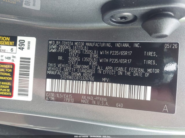 Aukcja sprzedaży 2026 Toyota Sienna Xle, vin: 5TDYRKEC8TS326766, numer aukcji: 45786556