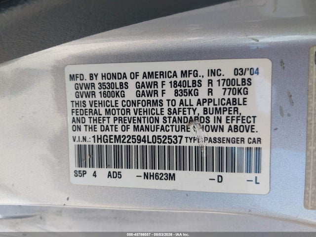 Aukcja sprzedaży 2004 Honda Civic Lx, vin: 1HGEM22594L052537, numer aukcji: 45786557