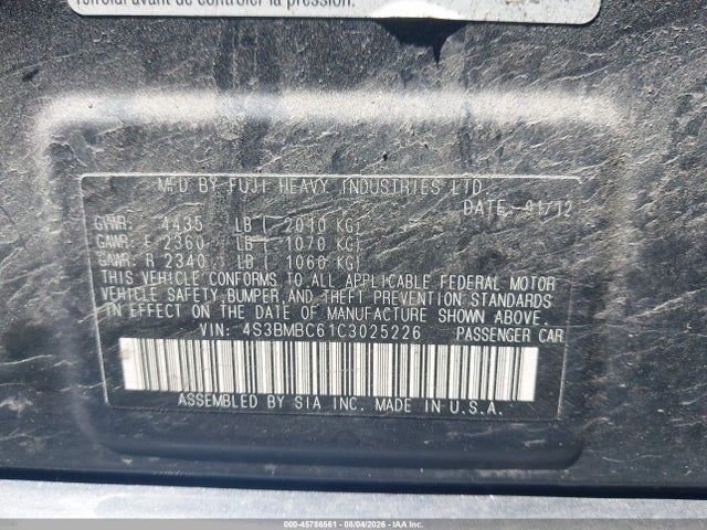 2012 Subaru Legacy 2.5i Premium მანქანა იყიდება აუქციონზე, vin: 4S3BMBC61C3025226, აუქციონის ნომერი: 45786561