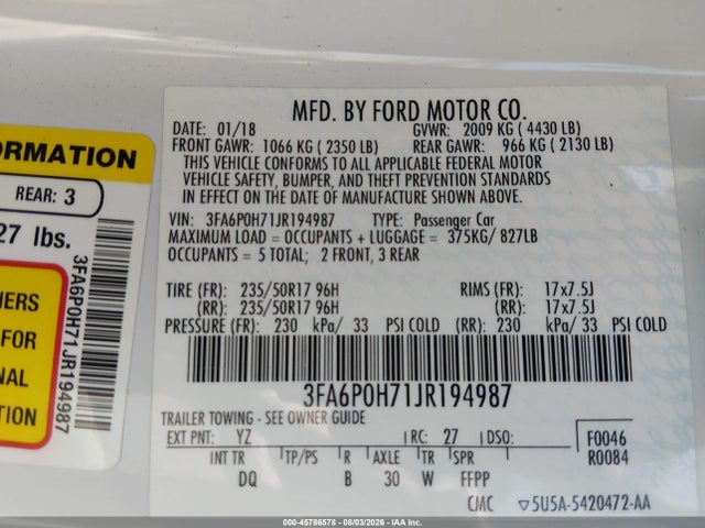 Ford FUSION SE 2018 3FA6P0H71JR194987 Image 9