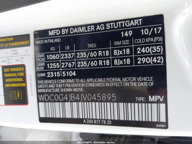 Aukcja sprzedaży 2018 Mercedes-benz Glc 300, vin: WDC0G4JB4JV045895, numer aukcji: 45786579