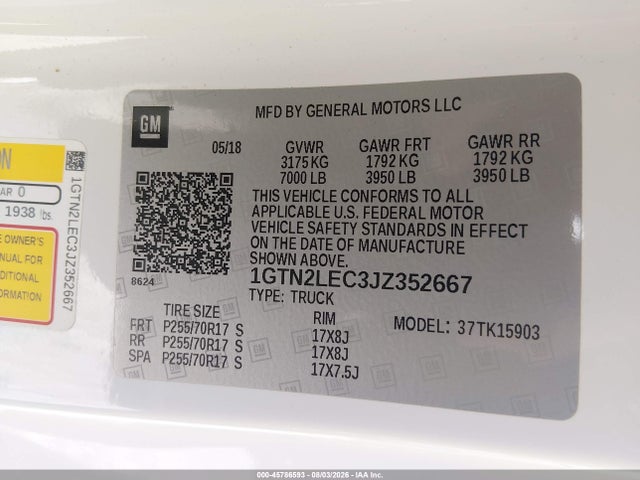 Продаж на аукціоні авто 2018 Gmc Sierra 1500, vin: 1GTN2LEC3JZ352667, номер лоту: 45786593