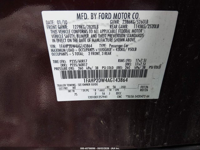 Продаж на аукціоні авто 2010 Ford Taurus Se, vin: 1FAHP2DW4AG143864, номер лоту: 45786598