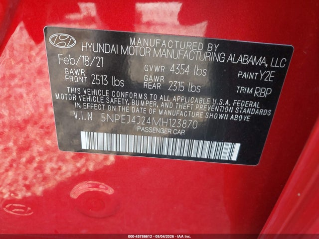 Aukcja sprzedaży 2021 Hyundai Sonata Sel Plus, vin: 5NPEJ4J24MH123870, numer aukcji: 45786612