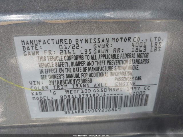 45786614 :رقم المزاد ، 3N1AB8CV0NY238869 vin ، 2022 Nissan Sentra Sv Xtronic Cvt مزاد بيع