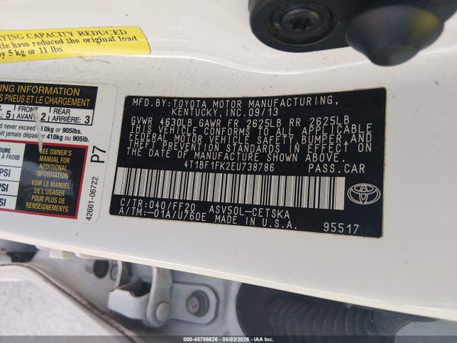 45786626 :رقم المزاد ، 4T1BF1FK2EU738786 vin ، 2014 Toyota Camry Se مزاد بيع