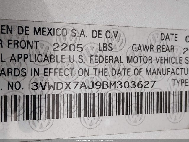 45786629 :رقم المزاد ، 3VWDX7AJ9BM303627 vin ، 2011 Volkswagen Jetta 2.5l Se مزاد بيع