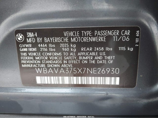 Продажа на аукционе авто 2007 Bmw 328i, vin: WBAVA375X7NE26930, номер лота: 45786630