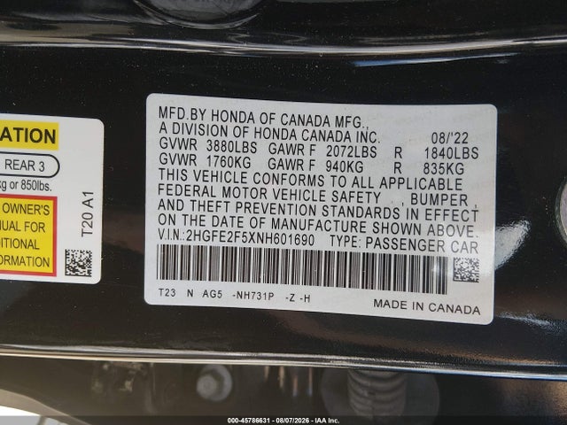 Aukcja sprzedaży 2022 Honda Civic Sport, vin: 2HGFE2F5XNH601690, numer aukcji: 45786631