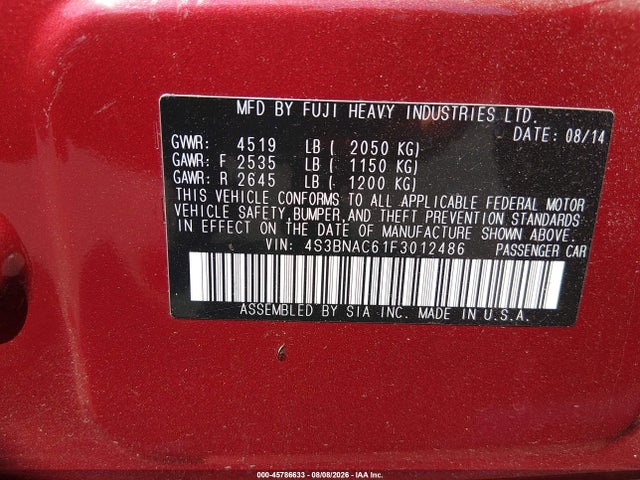 Subaru Legacy 2.5i Premium 2015 4S3BNAC61F3012486 Image 9