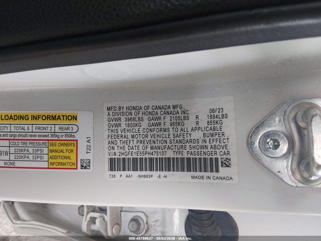 Продажа на аукционе авто 2023 Honda Civic Si Sedan, vin: 2HGFE1E55PH475107, номер лота: 45786637