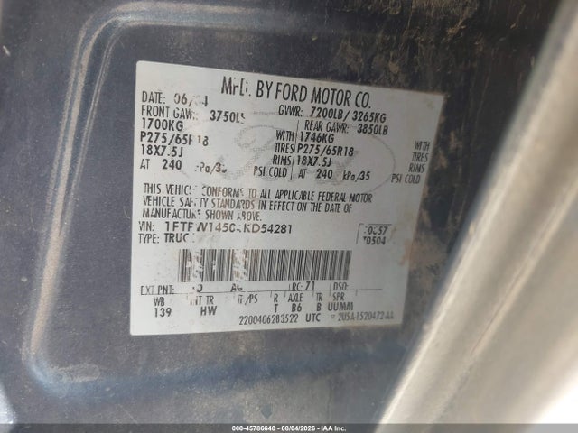 Продаж на аукціоні авто 2004 Ford F-150 Fx4/lariat/xlt, vin: 1FTPW14504KD54281, номер лоту: 45786640
