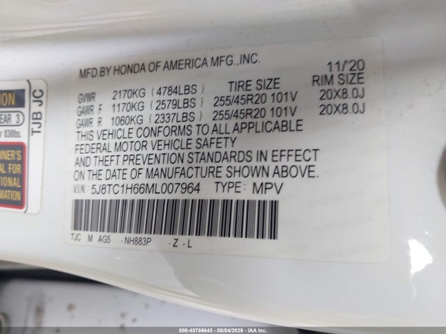 2021 Acura Rdx A-spec Package მანქანა იყიდება აუქციონზე, vin: 5J8TC1H66ML007964, აუქციონის ნომერი: 45786645