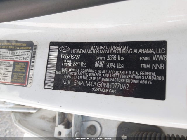 2022 Hyundai Elantra Sel მანქანა იყიდება აუქციონზე, vin: 5NPLM4AG0NH077062, აუქციონის ნომერი: 45786655
