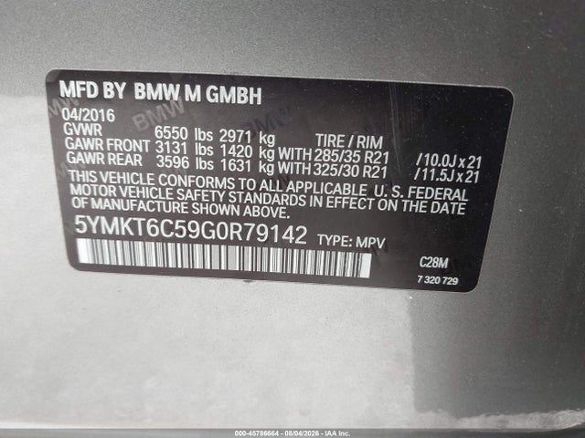 2016 Bmw X5 M მანქანა იყიდება აუქციონზე, vin: 5YMKT6C59G0R79142, აუქციონის ნომერი: 45786664