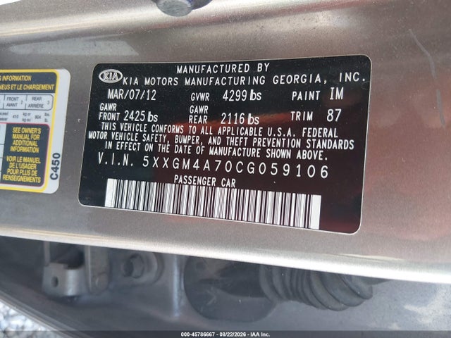 Продаж на аукціоні авто 2012 Kia Optima Lx, vin: 5XXGM4A70CG059106, номер лоту: 45786667