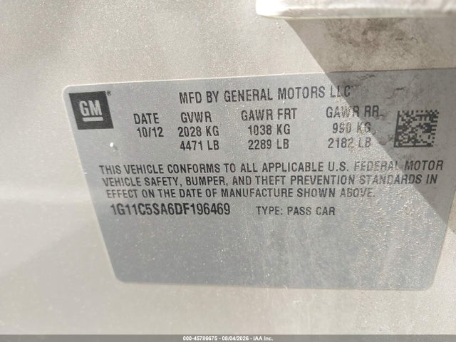 Продаж на аукціоні авто 2013 Chevrolet Malibu 1lt, vin: 1G11C5SA6DF196469, номер лоту: 45786675