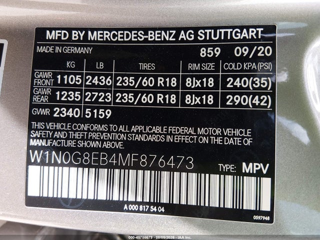 45786679 :رقم المزاد ، W1N0G8EB4MF876473 vin ، 2021 Mercedes-benz Glc 300 4matic Suv مزاد بيع