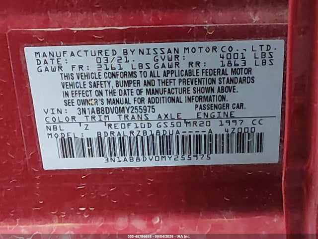 2021 Nissan Sentra Sr Xtronic Cvt მანქანა იყიდება აუქციონზე, vin: 3N1AB8DV0MY255975, აუქციონის ნომერი: 45786688