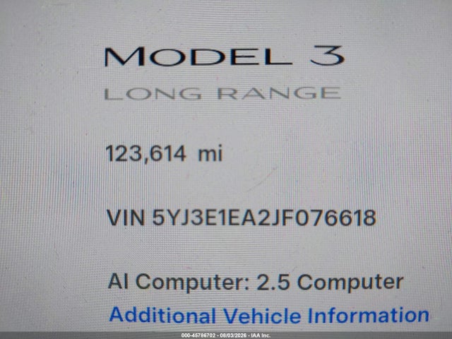 45786702 :رقم المزاد ، 5YJ3E1EA2JF076618 vin ، 2018 Tesla Model 3 مزاد بيع