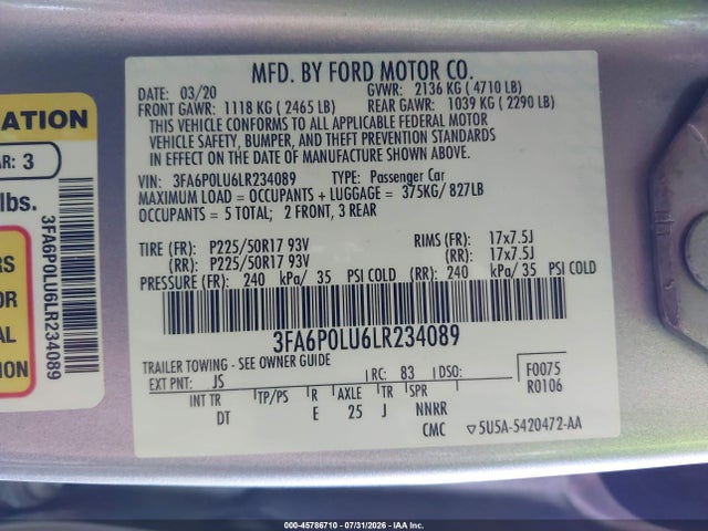 Ford Fusion Hybrid Se 2020 3FA6P0LU6LR234089 Image 9
