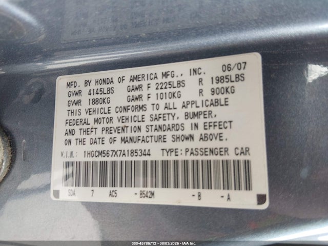 Продаж на аукціоні авто 2007 Honda Accord 2.4 Ex, vin: 1HGCM567X7A185344, номер лоту: 45786712