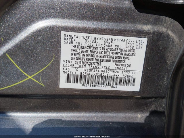 Продаж на аукціоні авто 2025 Nissan Sentra S, vin: 3N1AB8BV0SY277863, номер лоту: 45786726