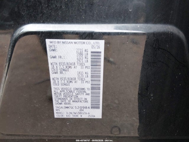 Aukcja sprzedaży 2016 Infiniti Qx60, vin: 5N1AL0MM7GC520984, numer aukcji: 45786757