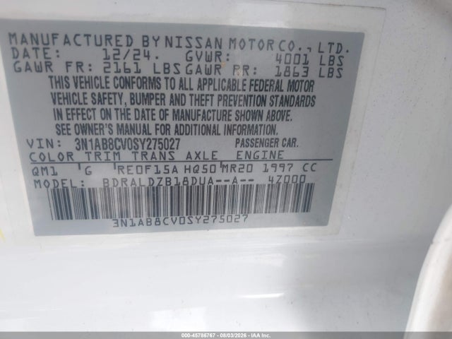 2025 Nissan Sentra Sv მანქანა იყიდება აუქციონზე, vin: 3N1AB8CV0SY275027, აუქციონის ნომერი: 45786767