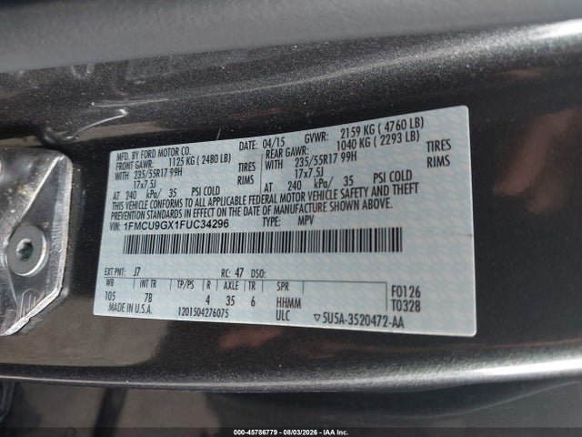 Продажа на аукционе авто 2015 Ford Escape Se, vin: 1FMCU9GX1FUC34296, номер лота: 45786779