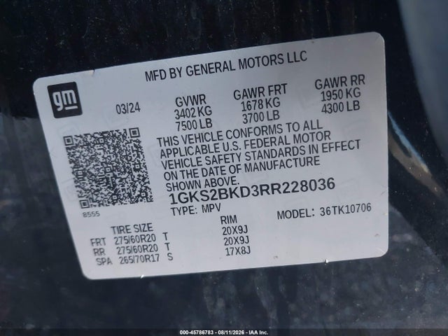 Продаж на аукціоні авто 2024 Gmc Yukon 4wd Slt, vin: 1GKS2BKD3RR228036, номер лоту: 45786783